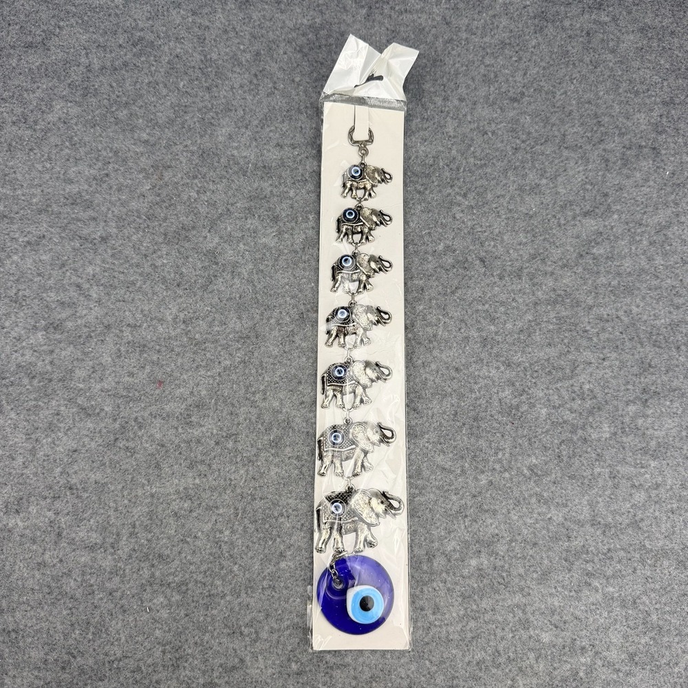 Turkish Evil Eye Nazar 7 Elephant Chain Wall Hanging Blue Glass Charm New